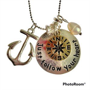 Nautical Compass Anchor Pearl Pendant Necklace Silver Plated 19" Freshwater